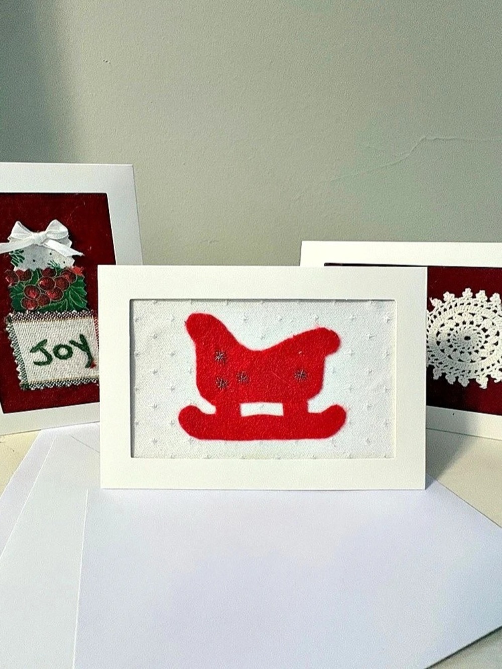 Three Handmade Christmas / Holiday Cards /from Vintage and Reclaimed Fabrics